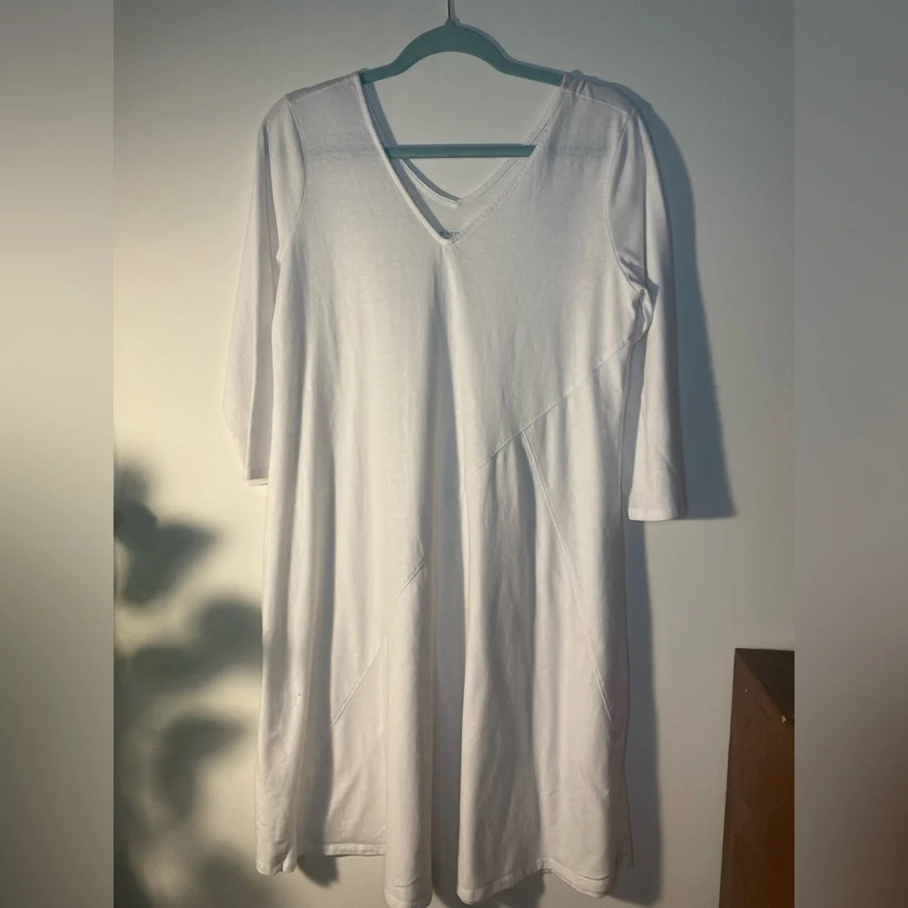 Soft Surroundings|| White Daphne Dress. A line knit stretch & 3/4 sleeves.Cotton